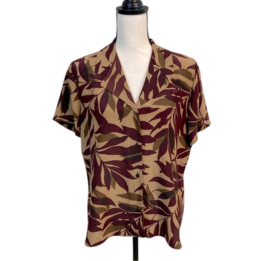 Vintage Jones New York 100% Silk Short Sleeve Blouse 90s Brown Burgundy Size 12